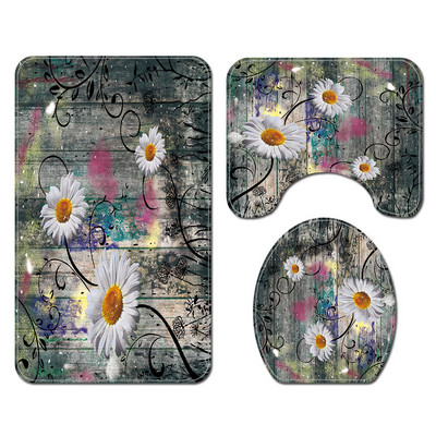 Koka ziedu neslīdošs grīdas paklājs un ūdensnecaurlaidīgs dušas aizkaru komplekts starpsienu aizkaru tualetes paklāja komplekts, absorbējošs kāju paklājiņš