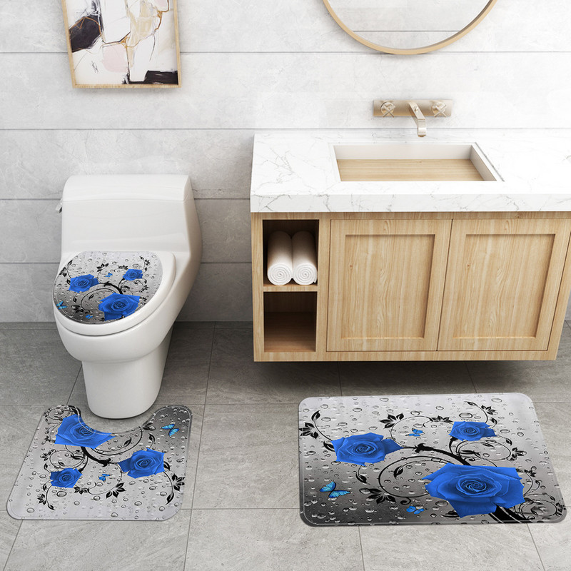 Koka ziedu neslīdošs grīdas paklājs un ūdensnecaurlaidīgs dušas aizkaru komplekts starpsienu aizkaru tualetes paklāja komplekts, absorbējošs kāju paklājiņš