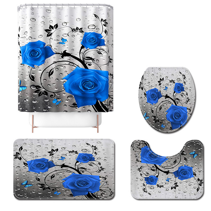 Koka ziedu neslīdošs grīdas paklājs un ūdensnecaurlaidīgs dušas aizkaru komplekts starpsienu aizkaru tualetes paklāja komplekts, absorbējošs kāju paklājiņš