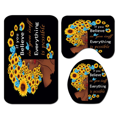 Sunflowers Woman apdrukāts vannas paklājiņš un mikrošķiedras dušas aizkaru komplekts flaneļa vannas paklāja tualetes pārklāja paklājiņš vannas istabas grīdas paklājiņa komplekts