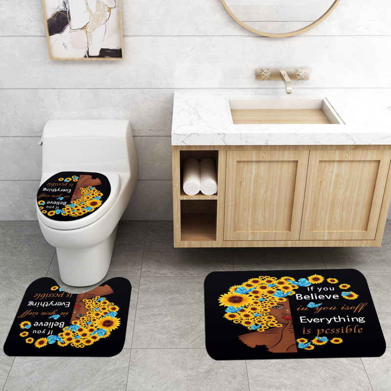 Sunflowers Woman apdrukāts vannas paklājiņš un mikrošķiedras dušas aizkaru komplekts flaneļa vannas paklāja tualetes pārklāja paklājiņš vannas istabas grīdas paklājiņa komplekts