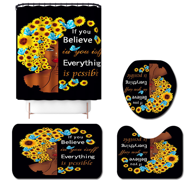 Sunflowers Woman apdrukāts vannas paklājiņš un mikrošķiedras dušas aizkaru komplekts flaneļa vannas paklāja tualetes pārklāja paklājiņš vannas istabas grīdas paklājiņa komplekts