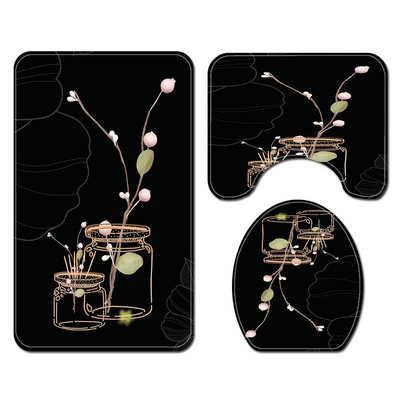 Vannas istabas dekors ar melnu ziedu Vannas paklājiņš Vannas paklājs Paklāji Tualetes Kāju paliktnis Vannas istabaGrīdas Paklājiņš Ūdensizturīgs Dušas Aizkaru Komplekts