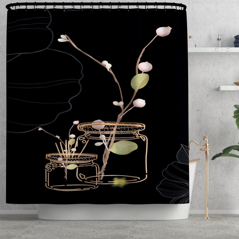 Vannas istabas dekors ar melnu ziedu Vannas paklājiņš Vannas paklājs Paklāji Tualetes Kāju paliktnis Vannas istabaGrīdas Paklājiņš Ūdensizturīgs Dušas Aizkaru Komplekts