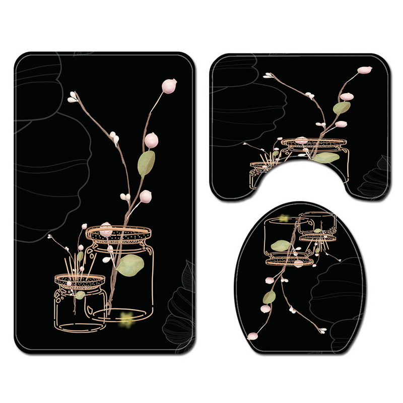 Vannas istabas dekors ar melnu ziedu Vannas paklājiņš Vannas paklājs Paklāji Tualetes Kāju paliktnis Vannas istabaGrīdas Paklājiņš Ūdensizturīgs Dušas Aizkaru Komplekts