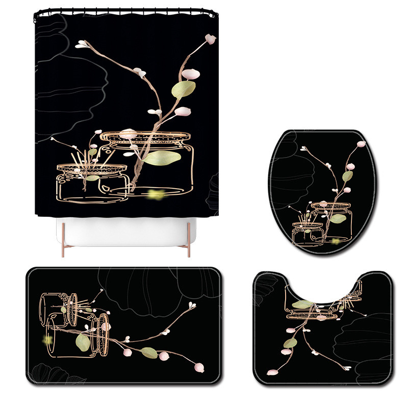 Vannas istabas dekors ar melnu ziedu Vannas paklājiņš Vannas paklājs Paklāji Tualetes Kāju paliktnis Vannas istabaGrīdas Paklājiņš Ūdensizturīgs Dušas Aizkaru Komplekts