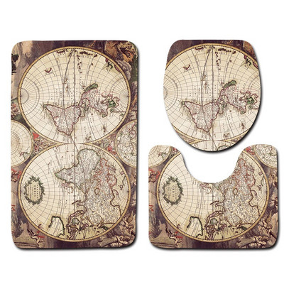 Zeegle 3gab/komplekts Pasaules karte Drukāts vannas istabas paklāju komplekts Neslīdošs tualetes paklāja vāks Tualetes pārsegs Vannas istabas vannas paklāji Paklājs Mājas dekors
