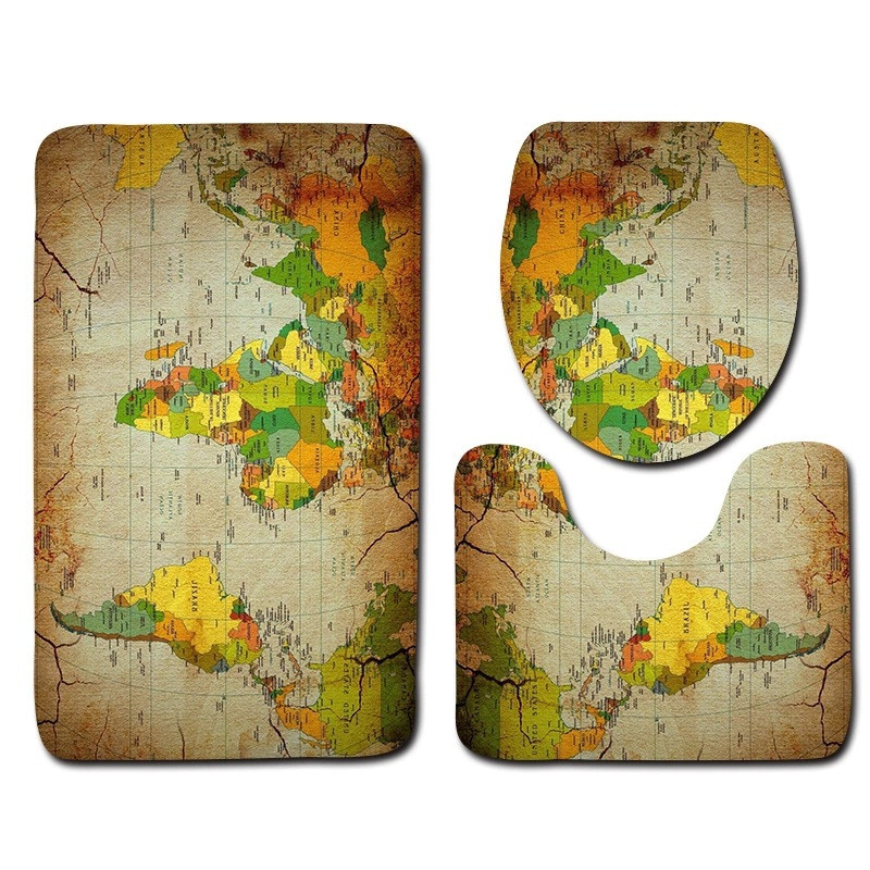 Zeegle 3gab/komplekts Pasaules karte Drukāts vannas istabas paklāju komplekts Neslīdošs tualetes paklāja vāks Tualetes pārsegs Vannas istabas vannas paklāji Paklājs Mājas dekors