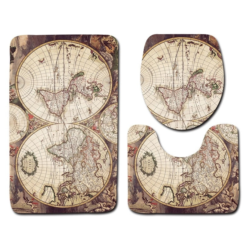 Zeegle 3gab/komplekts Pasaules karte Drukāts vannas istabas paklāju komplekts Neslīdošs tualetes paklāja vāks Tualetes pārsegs Vannas istabas vannas paklāji Paklājs Mājas dekors