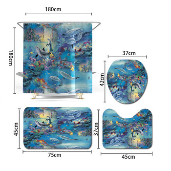 Морски свят с печатна подложка за баня Тоалетна Творчество Комплект килими за баня Домашен декор Подложка за баня Комплект завеси за душ Подложка за баня Подложка за баня