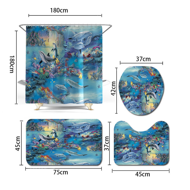 Otisnuti morski svijet Prostirka za kupaonicu WC Kreativnost Set kupaonskih tepiha Kućni dekor Prostirka za kupaonicu Set zavjesa za tuš Kupaonska podna prostirka Prostirka za kupaonicu