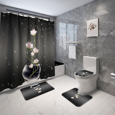 Floral Print vannas paklājiņš un ūdensnecaurlaidīgs dušas aizkaru komplekts vannas istabas paklājs Mikrošķiedras vannas kāju paklājiņš, uzsūcošs tualetes grīdas paklāja komplekts