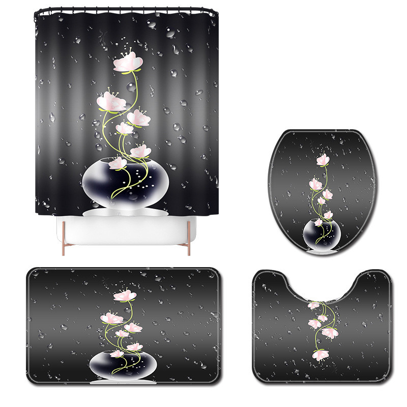 Floral Print vannas paklājiņš un ūdensnecaurlaidīgs dušas aizkaru komplekts vannas istabas paklājs Mikrošķiedras vannas kāju paklājiņš, uzsūcošs tualetes grīdas paklāja komplekts