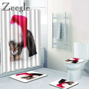 Zeegle Cat Pattern Mat за баня WC Комплект килими 4PCS със завеса за душ Микрофибърни постелки за врати Тоалетна килим Неплъзгащи се постелки