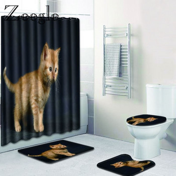 Zeegle Cat Pattern Mat за баня WC Комплект килими 4PCS със завеса за душ Микрофибърни постелки за врати Тоалетна килим Неплъзгащи се постелки