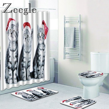 Zeegle Cat Pattern Mat за баня WC Комплект килими 4PCS със завеса за душ Микрофибърни постелки за врати Тоалетна килим Неплъзгащи се постелки