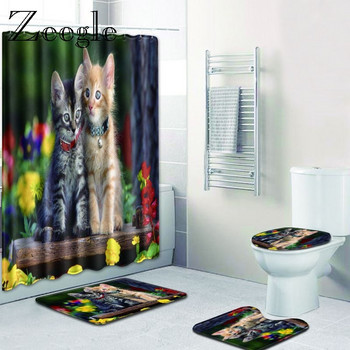 Zeegle Cat Pattern Mat за баня WC Комплект килими 4PCS със завеса за душ Микрофибърни постелки за врати Тоалетна килим Неплъзгащи се постелки