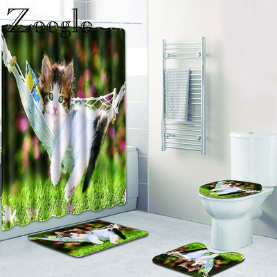 Zeegle Cat Pattern για μπάνιο WC Σετ χαλιών 4 τμχ με κουρτίνα μπάνιου Πατάκια πόρτας από μικροΐνες Χαλί τουαλέτας Αντιολισθητικά πατάκια