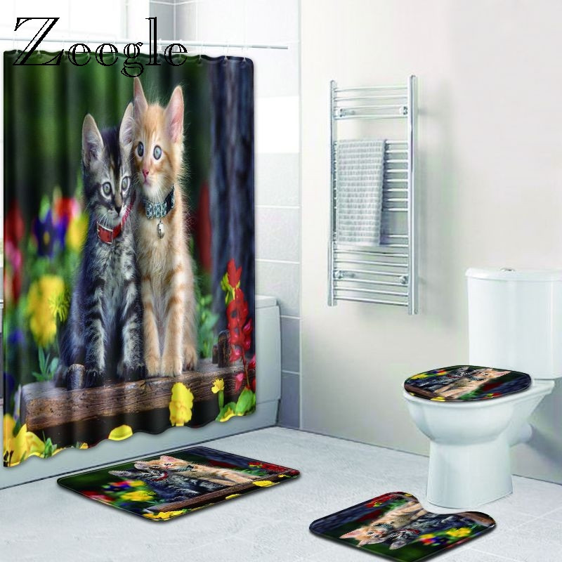 Zeegle Cat Pattern Mat za kupaonicu WC Set tepiha 4PCS sa zavjesom za tuširanje Otirači od mikrovlakana Zahodska prostirka Neklizajuće podne prostirke