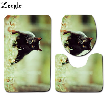 Zeegle HD Cat Printed 3Pcs Χαλάκια μπάνιου από μικροΐνες για το μπάνιο Αντιολισθητικό στρώμα χαλιού δαπέδου που πλένεται σετ χαλιών Τουαλέτας Κάλυμμα καπακιού