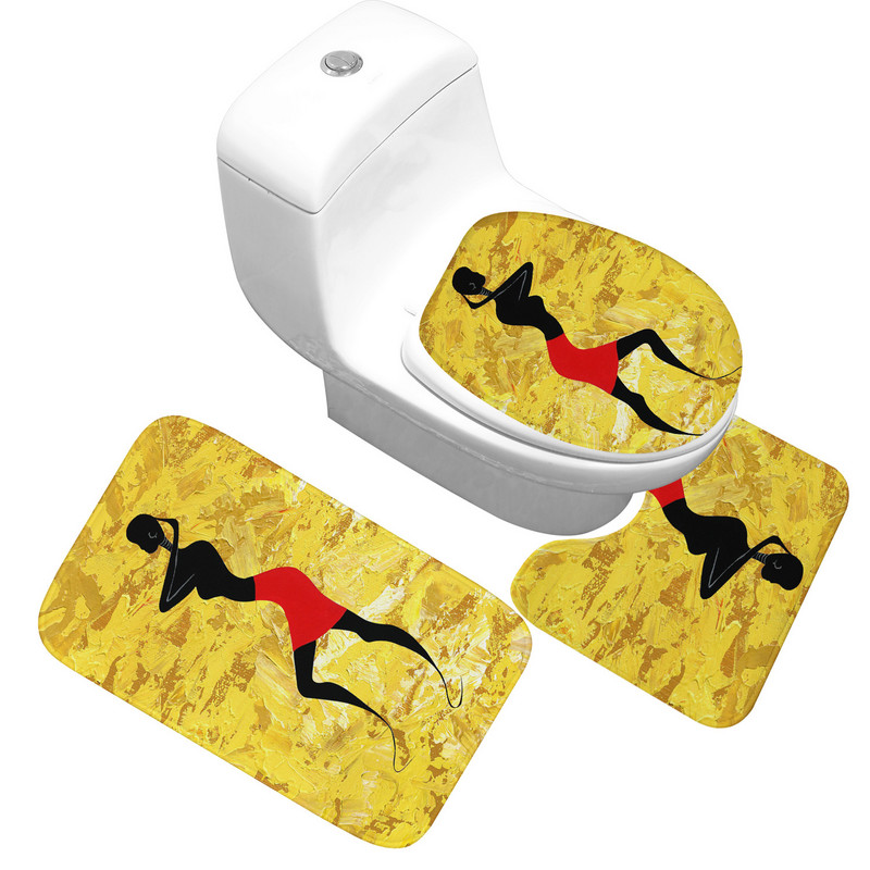 Vannas paklājs Āfrikas sievietes raksta vannas istabas paklājiņa komplekts Anti Slip Toliet sēdekļa pārvalks Vannas paklājs Stilīgs vannas istabas tualetes absorbējošs vannas paklājiņš