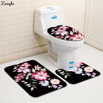 Zeegle Flower Printed 3 τμχ/σετ Αντιολισθητικά χαλάκια για τουαλέτα Πατάκια μπάνιου Φανελένιο χαλί για μπάνιο Απορροφητικό χαλί μπάνιου