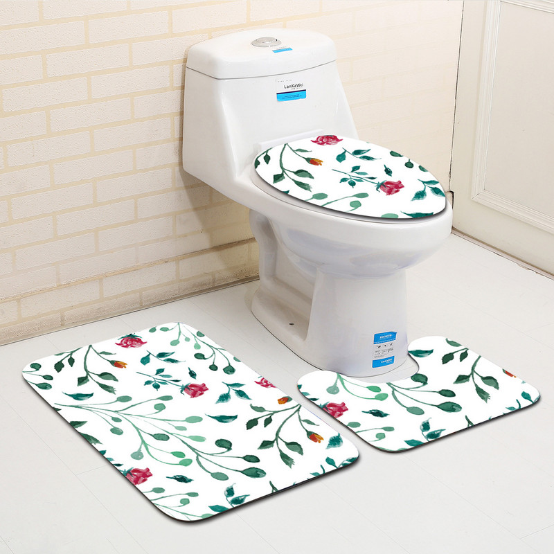 Zeegle Flower Printed 3gab/komplekts Neslīdoši paklājiņi tualetei Vannas istabas grīdas paklāji Flaneļa paklājs vannas istabas absorbējošam vannas paklājam