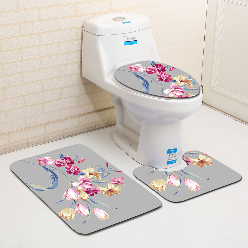 Zeegle Flower Printed 3gab/komplekts Neslīdoši paklājiņi tualetei Vannas istabas grīdas paklāji Flaneļa paklājs vannas istabas absorbējošam vannas paklājam