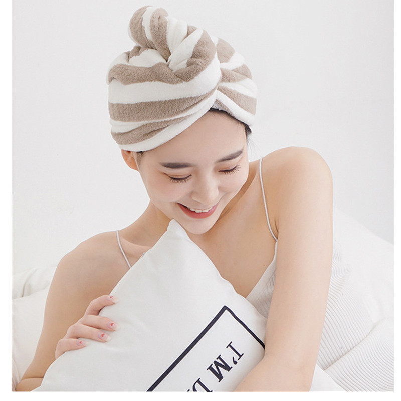 Atkārtoti lietojama dušas vāciņš mājas ikdienas lietošanai koraļļu vilnas svītraina sausu matu cepure Dubultā biezināta ātri žūstoša dvieļu šampūna galva