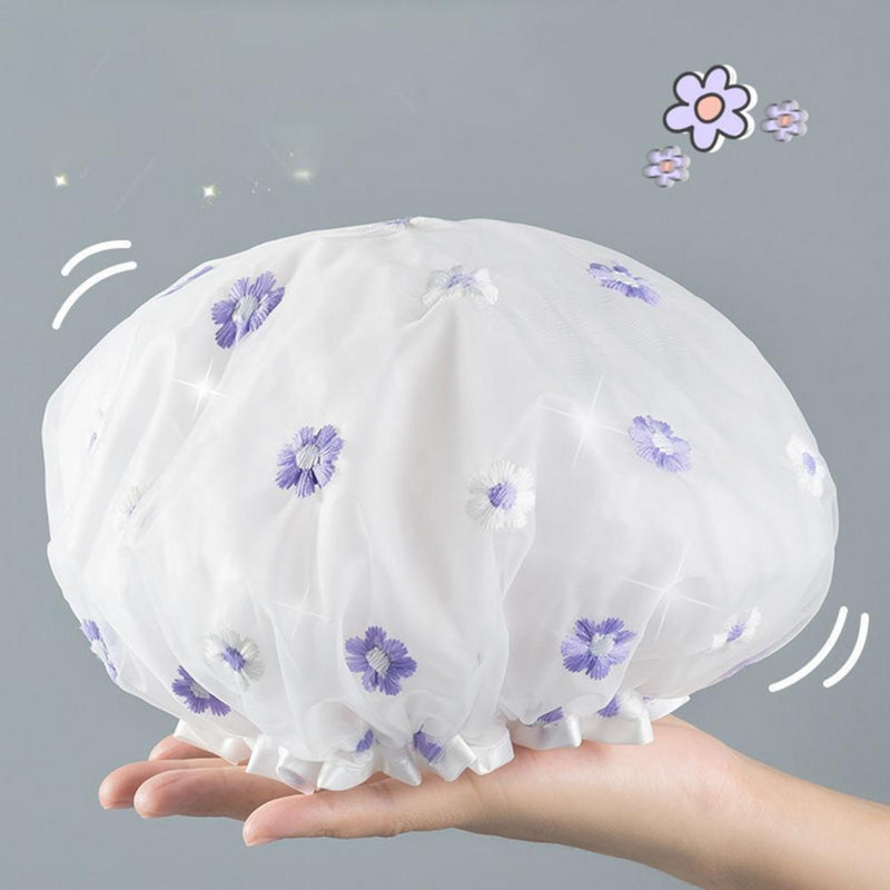 Noderīga matu vāciņa cepure Izsmalcināta atkārtoti lietojama izšūta ziedu raksta matu kopšanas cepure Mīksta sieviešu vannas cepure Mājas piederumi