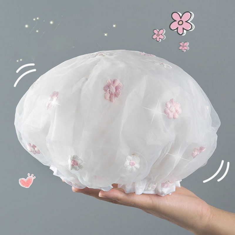 Noderīga matu vāciņa cepure Izsmalcināta atkārtoti lietojama izšūta ziedu raksta matu kopšanas cepure Mīksta sieviešu vannas cepure Mājas piederumi