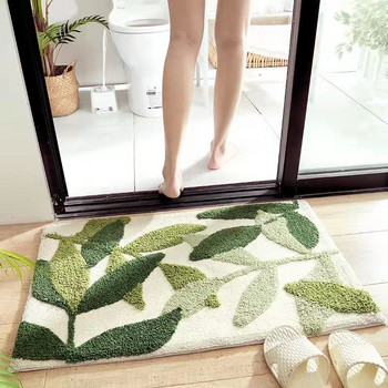 Green Leaves Flocking Bath Mat Неплъзгаща се абсорбираща микрофибърна килимче за баня Подложка за домашна входна врата Супер мек килим за баня Tapijt