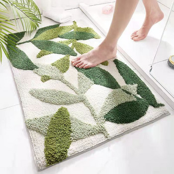 Green Leaves Flocking Bath Mat Неплъзгаща се абсорбираща микрофибърна килимче за баня Подложка за домашна входна врата Супер мек килим за баня Tapijt