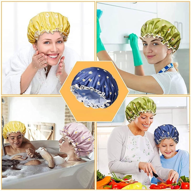 Dušas cepures Ūdensnecaurlaidīga divslāņu matu vannas cepure Atkārtoti lietojama elastīga ar PEVA oderi peldoša dušas cepure gariem, īsiem, cirtainiem, bieziem matiem