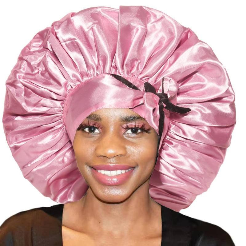 Satīna zīda pārsegu kaklasaites lente, regulējamas siksnas, divslāņu Jumbo izmēra vāciņš sievietēm, kas guļ vannā, gariem, cirtainiem, pintiem matiem