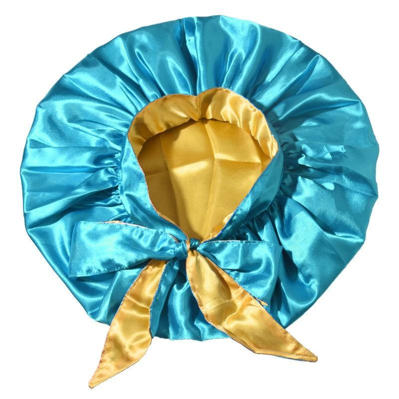 Satīna zīda pārsegu kaklasaites lente, regulējamas siksnas, divslāņu Jumbo izmēra vāciņš sievietēm, kas guļ vannā, gariem, cirtainiem, pintiem matiem
