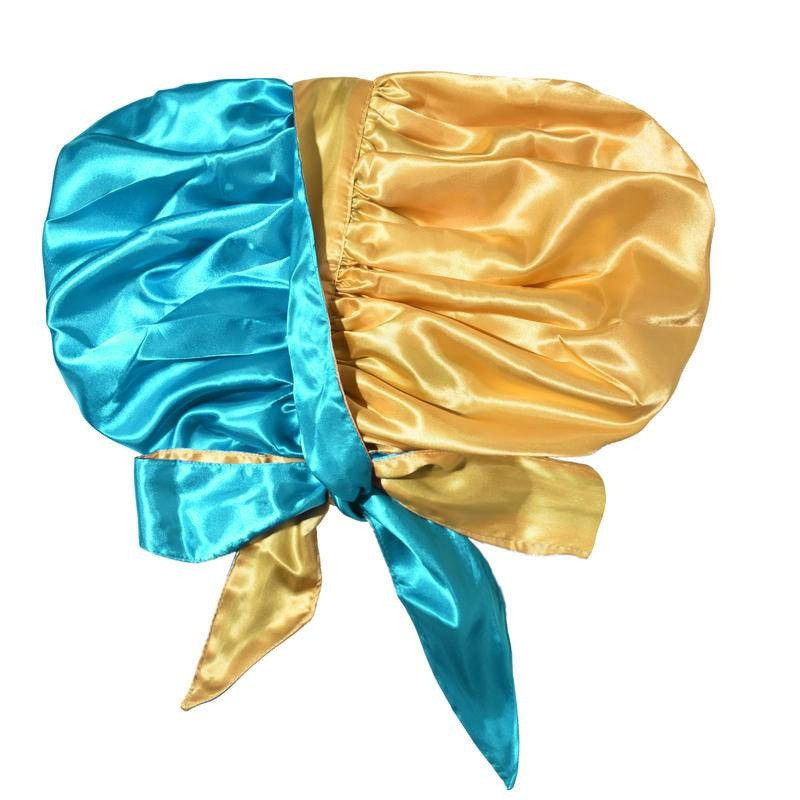 Satīna zīda pārsegu kaklasaites lente, regulējamas siksnas, divslāņu Jumbo izmēra vāciņš sievietēm, kas guļ vannā, gariem, cirtainiem, pintiem matiem