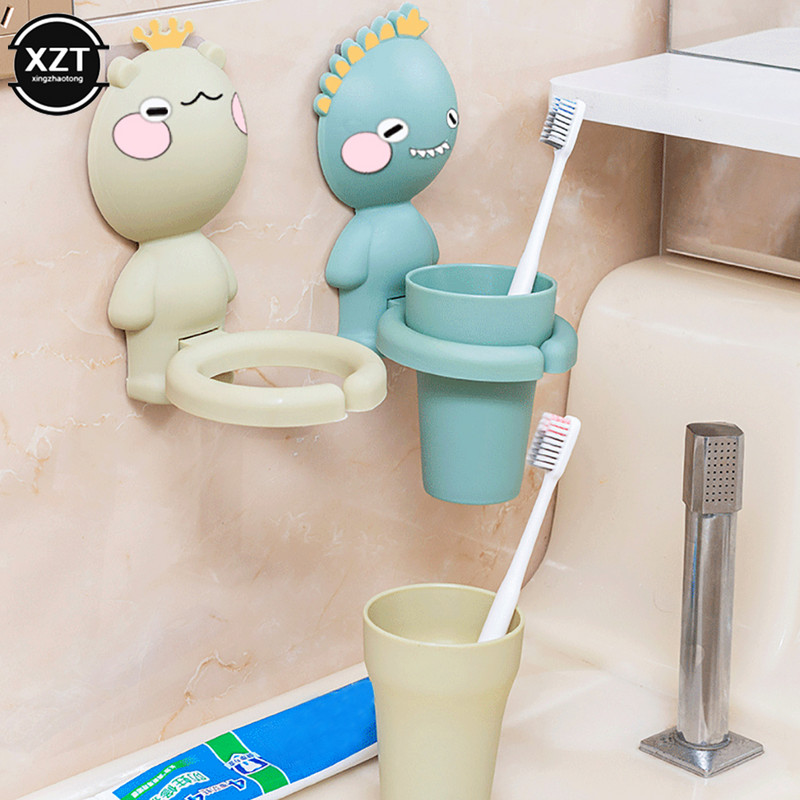 Karikatūra bērniem pie sienas stiprināms zobu krūzīšu komplekts ar glabāšanas statīvu Vannas istabas piederumi pie sienas bērnu mutes skalojamo krūzīšu uzglabāšanas statīvs
