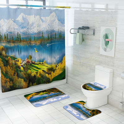 Tradiciona stila vannas paklājiņš un dušas aizkaru komplekts, neslīdošs U-veida tualetes paklājs vannas istabas grīdas paklājiņš ūdensizturīgs dušas aizkars