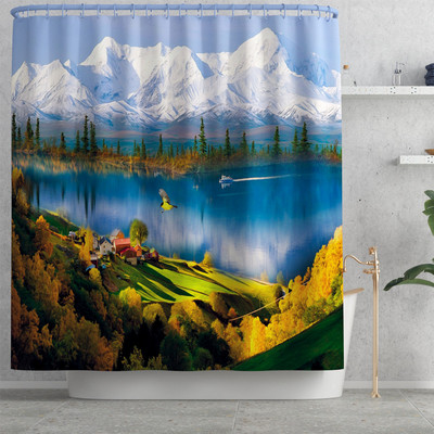 Tradiciona stila vannas paklājiņš un dušas aizkaru komplekts, neslīdošs U-veida tualetes paklājs vannas istabas grīdas paklājiņš ūdensizturīgs dušas aizkars