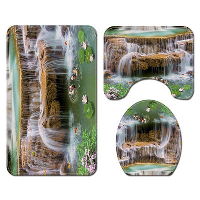 Tradiciona stila vannas paklājiņš un dušas aizkaru komplekts, neslīdošs U-veida tualetes paklājs vannas istabas grīdas paklājiņš ūdensizturīgs dušas aizkars