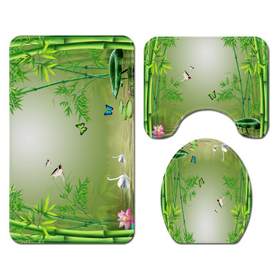 Tradiciona stila vannas paklājiņš un dušas aizkaru komplekts, neslīdošs U-veida tualetes paklājs vannas istabas grīdas paklājiņš ūdensizturīgs dušas aizkars