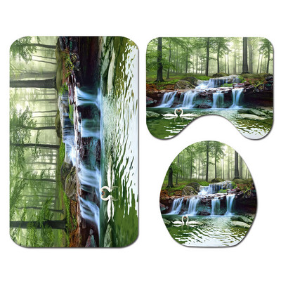 Tradiciona stila vannas paklājiņš un dušas aizkaru komplekts, neslīdošs U-veida tualetes paklājs vannas istabas grīdas paklājiņš ūdensizturīgs dušas aizkars