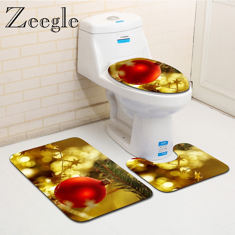 Zeegle Ziemassvētku Bahtroom paklājiņu komplekts Neslīdošs tualetes grīdas paklājiņš Tualetes apdares paklāja komplekts Absorbcijas pēdu paklājiņš Mikrošķiedras tualetes paklājs