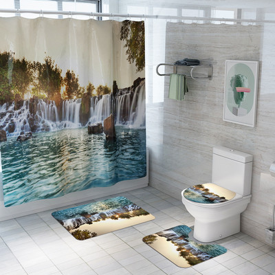 Zeegle vannas istabas durvju paklājs grīdas paklājs dušas aizkars ar 3D drukātu tualetes paklāja komplektu pretslīdošs dušas paklājiņš, ūdens absorbējošs kāju paklājiņš