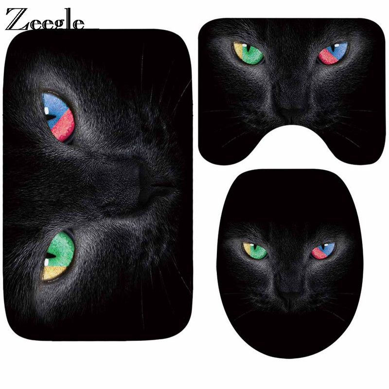 Zeegle Cartoon Cat Printed 3Gb Vannas istabas paklājiņi Pretslīdes vannas paklāji Vannas istabas grīdas paklāji Mazgājami vannas istabas paklāji Vannas paklājiņu komplekts