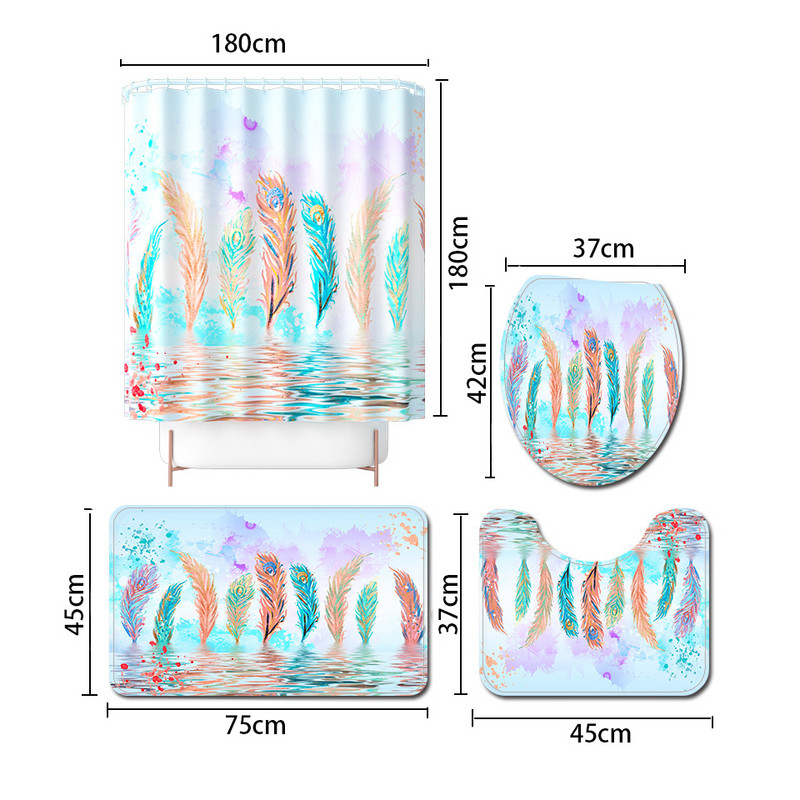 Värviline vannimatt ja dušikardina komplekt Kodusisustus Vannitoa vaip Mikrokiust imav WC-istmekatte matt Vannitoa jalamatt