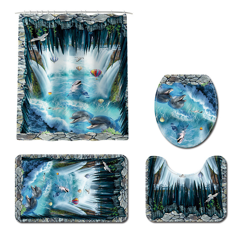 Vannitoa vaip vannimatt ja dušikardina komplekt 3D delfiiniga trükitud duširuumi vannivaip WC Vannitoa vaibamatt