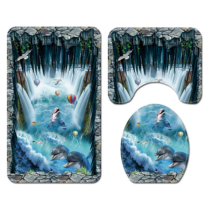 Vannitoa vaip vannimatt ja dušikardina komplekt 3D delfiiniga trükitud duširuumi vannivaip WC Vannitoa vaibamatt