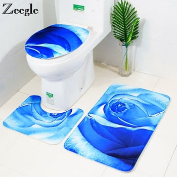Zeegle 3 бр. Постелка за тоалетна чиния с щампа на рози Постелки за баня Комплект килими за баня Абсорбиращ капак на капака на тоалетната Килимчета за баня Противоплъзгаща се подложка за баня